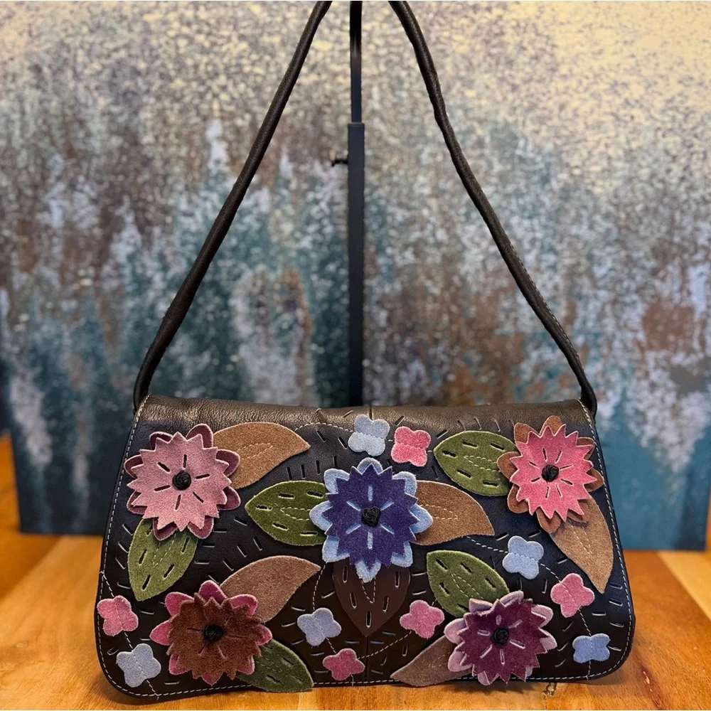 Boho Artisanal 3D Floral Applique Statement Shoulder Bag (EUC) - Picture 1 of 15